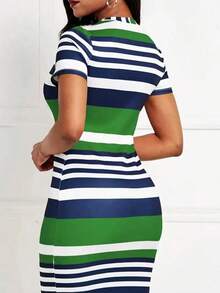Vestido ajustado casual de mujer con bloques de color y rayas, elegante para el verano - Verde - Ver 2