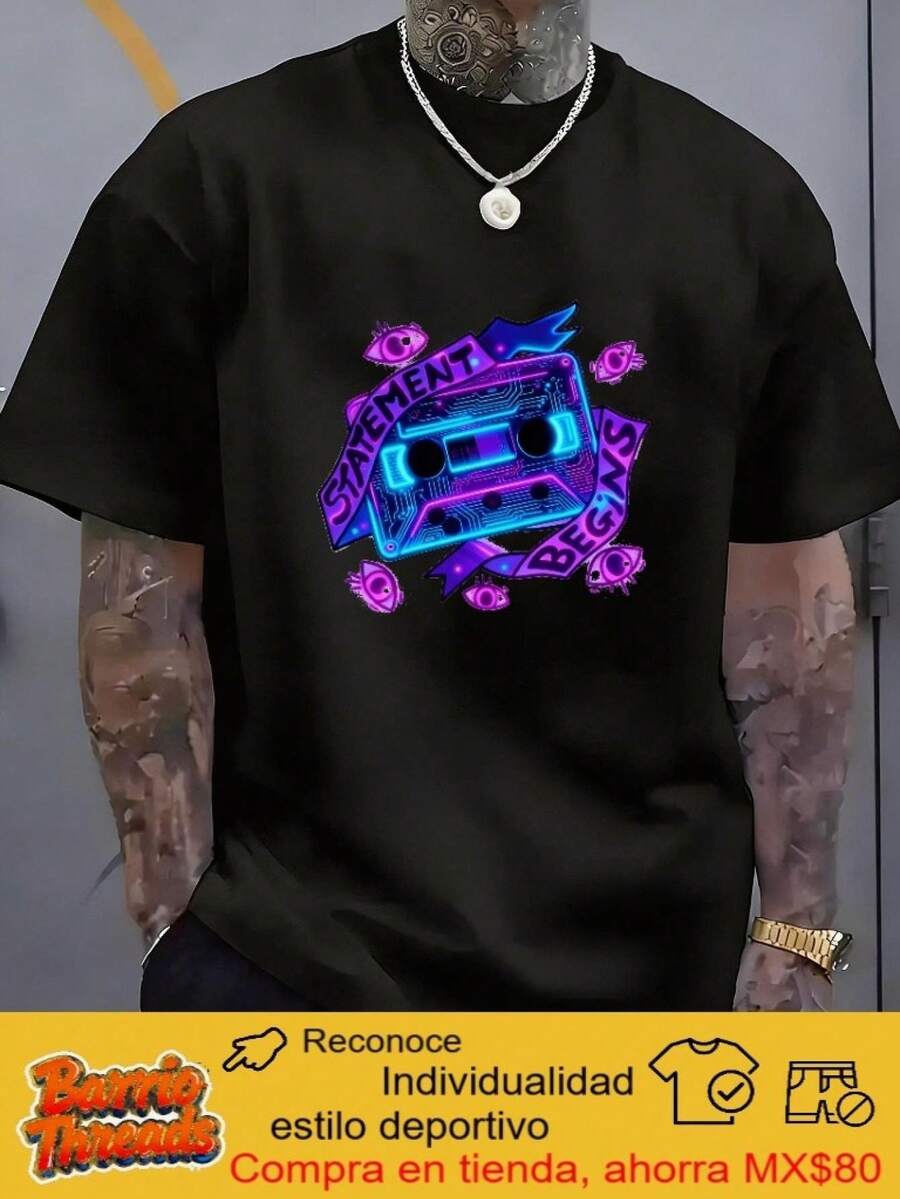 T-Shirt With Letter Print, Cassette Tapes, Eyes And Text, White, Short Sleeve, Round Neck, Loose Fit, Casual Urban Style, Sportswear, Versatile For Summer, Summer T-Shirt For Casual Outdoor Outfit, Machine Washable, Quick Drying, Embroidered. - 黑色 - 查看 1
