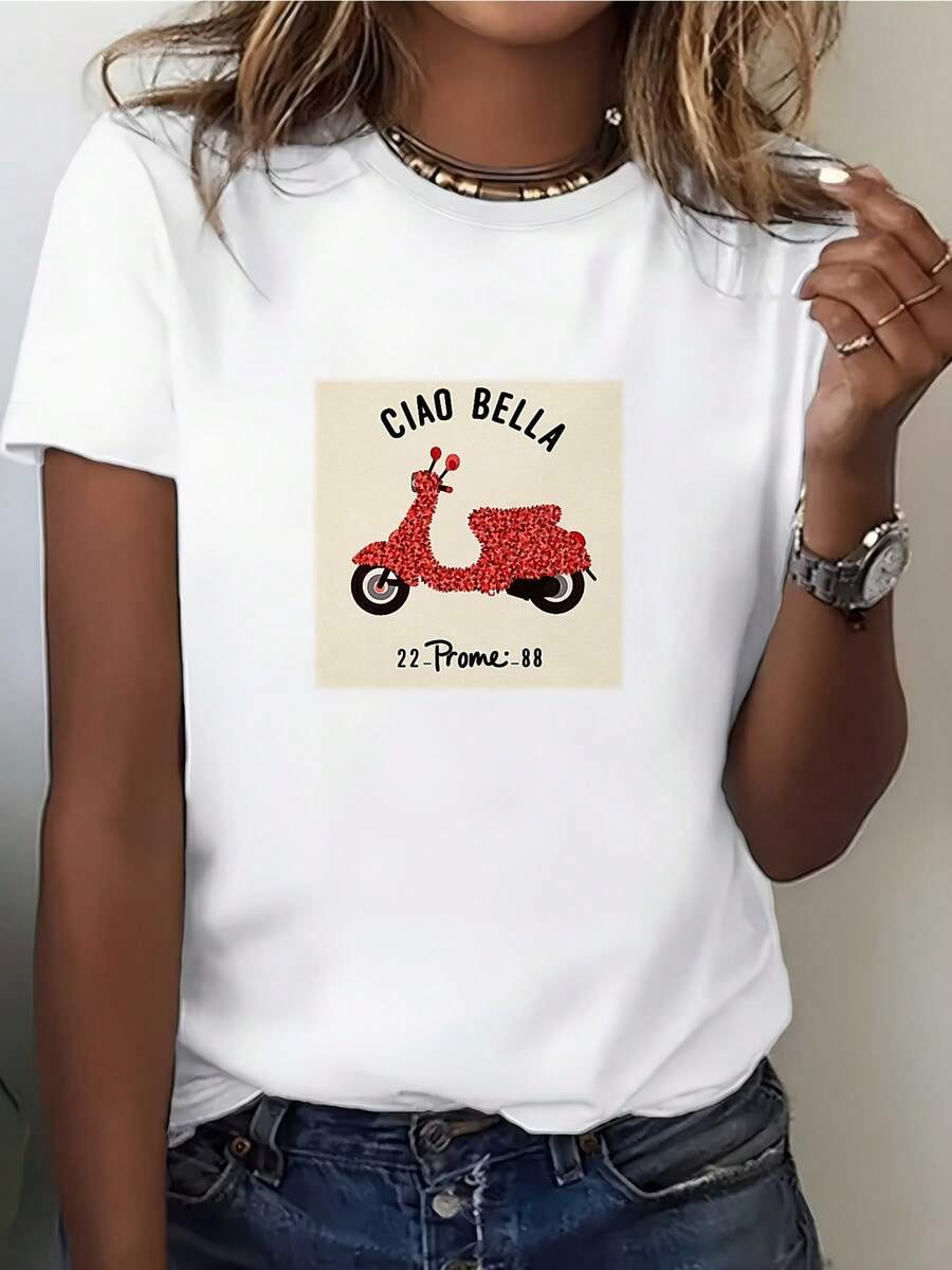Women's Scooter Print T-Shirt "Ciao Bella" - Short-Sleeved T-Shirt With The Italian Word "Beautiful" Printed On It, Soft Crew Neck Casual Top, Suitable For Summer, The Office, And As A Gift, Machine-Washable Italian-Themed Clothing. TM9C - 白色 - 查看 1