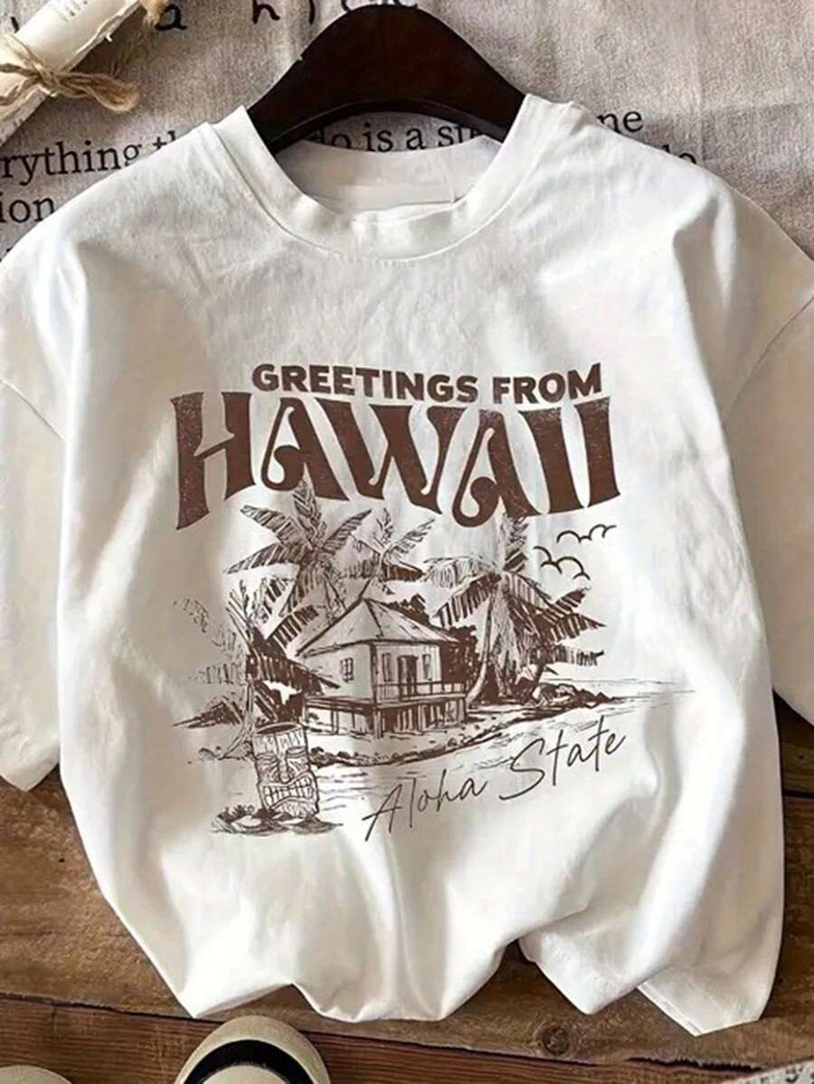 Women's Casual Hawaiian T-Shirt With Retro Palm Tree Print And Tropical Motifs "Greetings From Hawaii", Lightweight And Breathable Crew Neck For Spring/Summer, Machine Washable, Comfortable Clothing For Parties And Everyday Wear, Tropical Print Shirt - 白色 - 查看 1