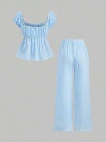 Conjunto de 2 piezas de blusa de manga de pétalo a rayas estilo francés dulce y pantalones rectos holgados para mujer, de primavera/verano - Azul - Ver 2