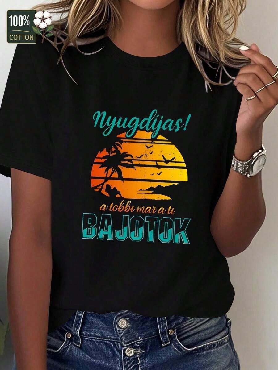 Funny T-Shirt For Hungarian Pensioner Women - Graphic Design Nyugdijas! A Tobb Mara U Botok - Soft And Breathable T-Shirt For Everyday Wear - Lightweight Women's Top - Funny Gift For Retired Ladies - White Design With Colorful Text, Retirement Gifts, Humorous Graphic T-Shirt, Comfortable, Geometric Pattern, Pure, Crew Neck, Relaxed Cut, Funny Design, Lightweight Fabric, Printed T-Shirt, Humor Lovers, Funny Cow Quote, Women's T-Shirt With 100% Cotton - 黑色 - 查看 1