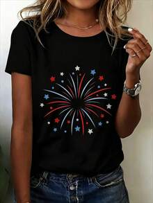 V-Neck T-Shirt, Standard Size, Fireworks Print, Casual T-Shirt, Suitable For Daily Life, Going Out, Casual Wear, It Is The Best Choice For Friends And Family. - 黑色 - 查看 11