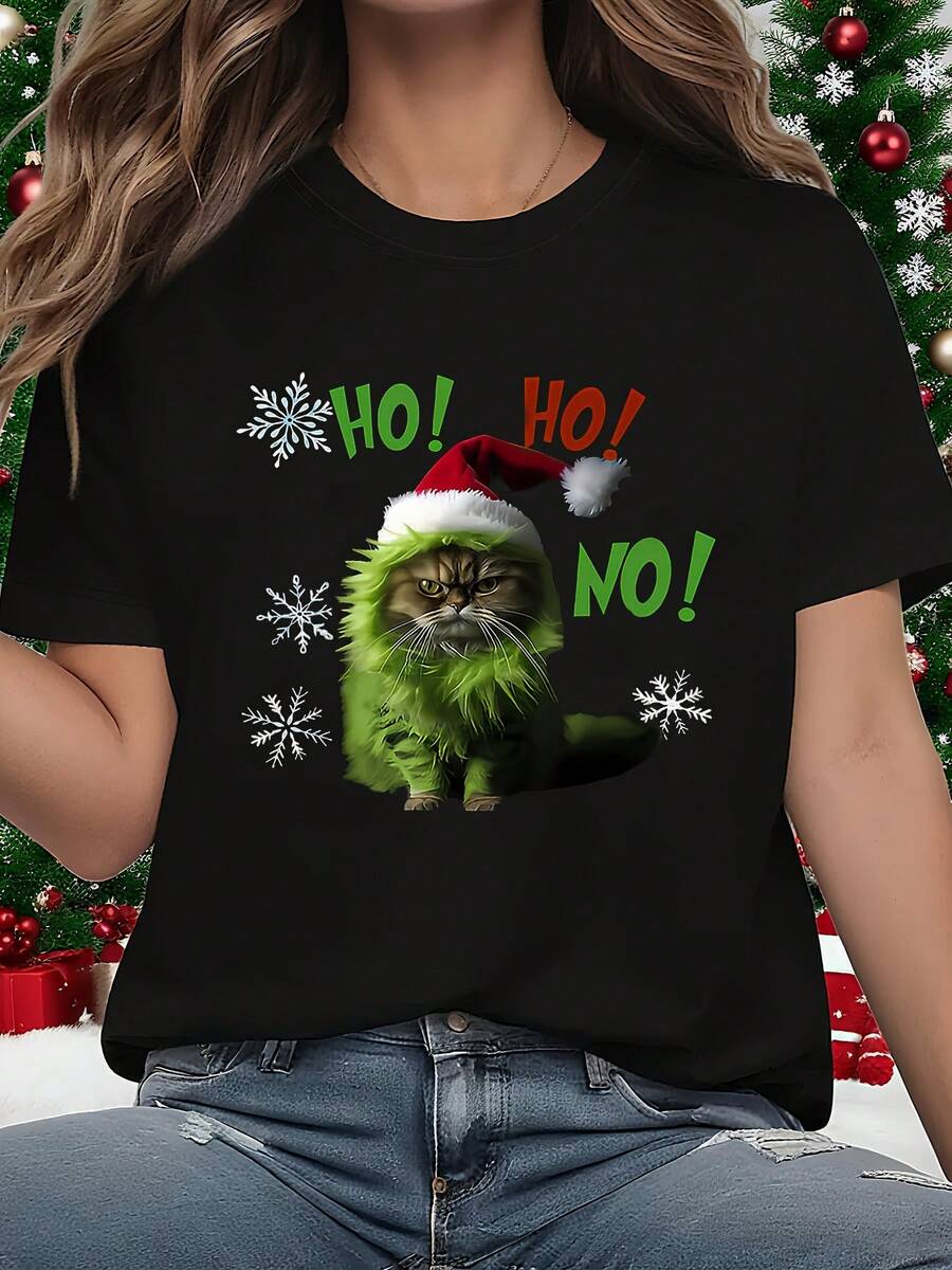 Women's Oversized Black T-Shirt With A Fun And Innovative Christmas Twist, Featuring A Christmas Cat Design That Says 'HO! HO! NO!'. This Casual Short-Sleeved Top Is Perfect For Summer, Offering A Comfortable Fit And A Modern Style. - 黑色 - 查看 1