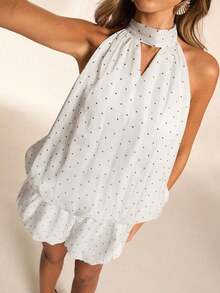 Vestido de fiesta/cóctel de color amarillo sólido para mujer, ideal para la temporada de primavera y verano, fiestas entre amigos, regreso a clases, cumpleaños, fiestas de club. Estilo halter con falda globo de satén recogida, espalda abierta y sexy, mini falda. Apto también para conciertos y vacaciones. - Blanco 3 - Ver 4