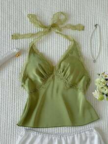 Top halter sin espalda con parches de lunares y encaje para mujer - Verde - Ver 3