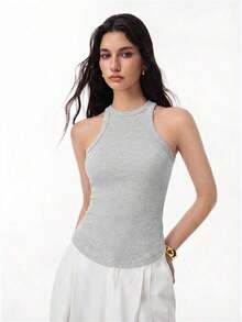 Camiseta sin espalda acanalada con bajo curvo de color azul marino, camiseta sin espalda de uso diario casual, camiseta ajustada de mujer de color azul marino - Gris Claro - Ver 3