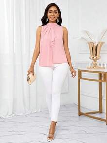 Lady Blusa sin mangas con estampado floral elegante y volante en el bajo, para verano - Rosado Sandía - Ver 6