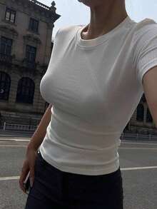 Camiseta de manga corta de unicolor y ajuste delgado para mujer, ideal para el verano - Blanco - Ver 8