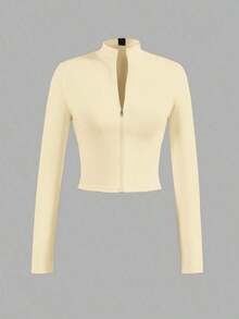 Chaqueta básica casual de ajuste ceñido con cremallera, cuello en V y manga larga para otoño/invierno - E - Albaricoque - Ver 1