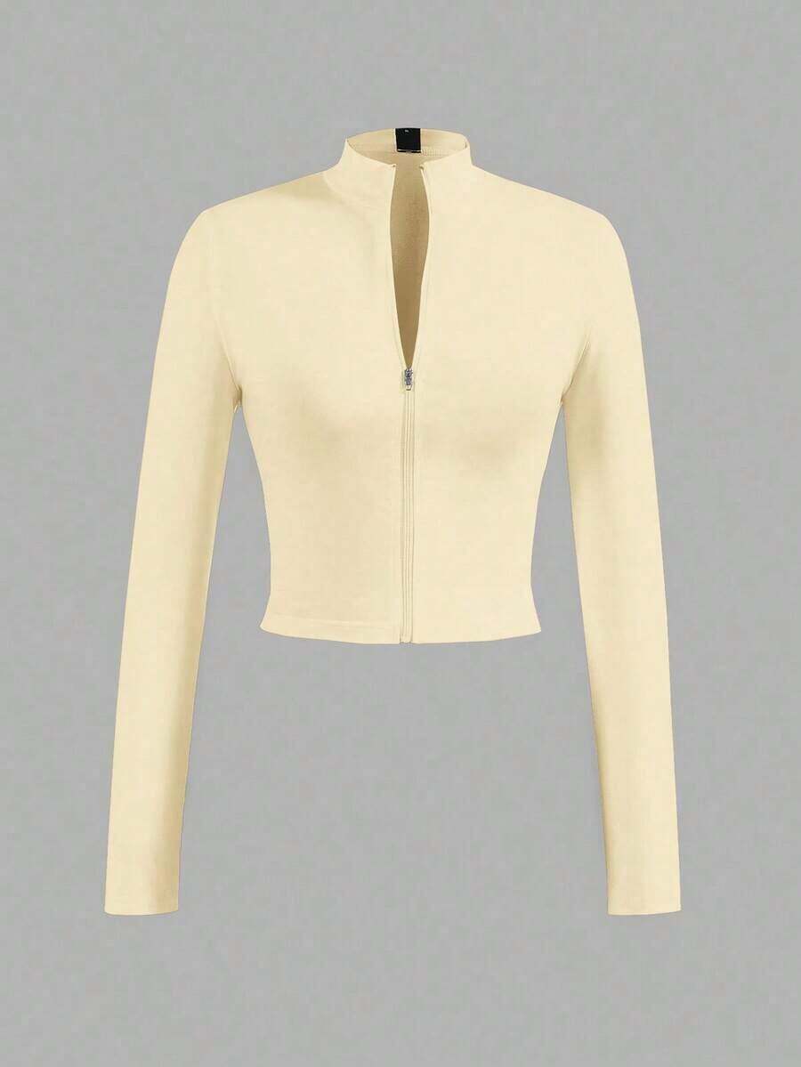 Chaqueta básica casual de ajuste ceñido con cremallera, cuello en V y manga larga para otoño/invierno - E - Albaricoque - Ver 1
