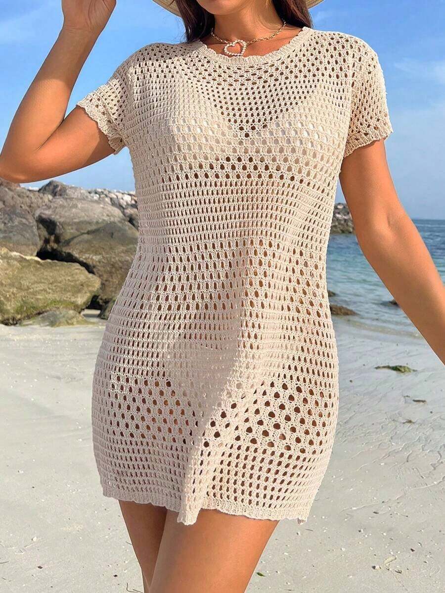 Conjunto de ropa de verano para mujer - Cubierta de playa de unicolor con cortes huecos, estilo de vacaciones de verano - Beis - Ver 1