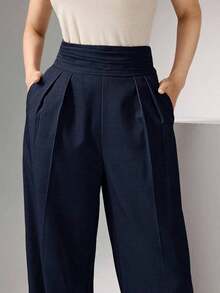 Pantalones anchos de cintura alta plisados, elegantes y apropiados para el trabajo en otoño/invierno - Azul marino - Ver 1