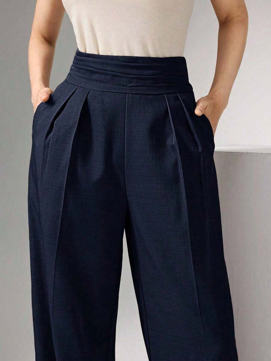 Pantalones anchos de cintura alta plisados, elegantes y apropiados para el trabajo en otoño/invierno - Azul marino - Ver 1