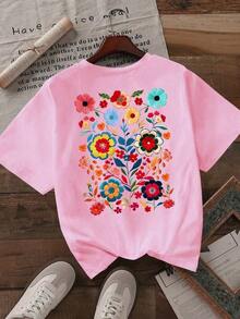 Howell Women's Black Short-Sleeved T-Shirt, Versatile Style, With Hand-Painted Daisy Floral Print, Casual And Cool For Summer - Rose - View 3