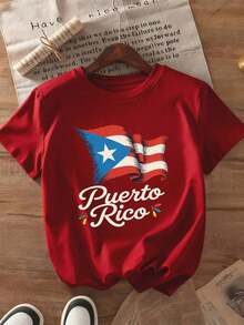 1 Piece 100% Cotton T-Shirt With Puerto Rican Flag, Casual Style Puerto Rican Print, Unisex, Comfortable 220g Fabric, Loose Casual Fit, Suitable For Everyday Wear And Parties. Summer 2026 Outfits For Women, Urban Women's Clothing, Whimsical Clothing - 紅色的 - 查看 1