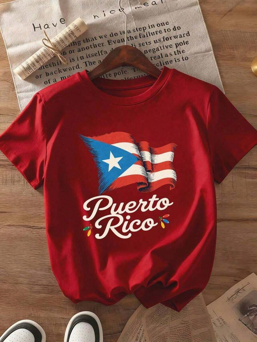 1 Piece 100% Cotton T-Shirt With Puerto Rican Flag, Casual Style Puerto Rican Print, Unisex, Comfortable 220g Fabric, Loose Casual Fit, Suitable For Everyday Wear And Parties. Summer 2026 Outfits For Women, Urban Women's Clothing, Whimsical Clothing - 紅色的 - 查看 1