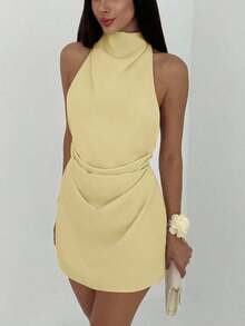 Vestido mini plisado de mujer con espalda abierta y atado - amarillo ganso - Ver 5