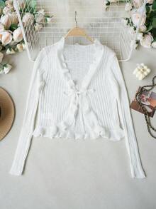 Áo khoác cardigan lụa băng giá kiểu Pháp dành cho nữ, có bèo nhún và thắt nơ phía trước | Áo khoác dệt kim dáng ôm ngắn, thích hợp cho kỳ nghỉ hè và phong cách đường phố. - trắng - Xem 7