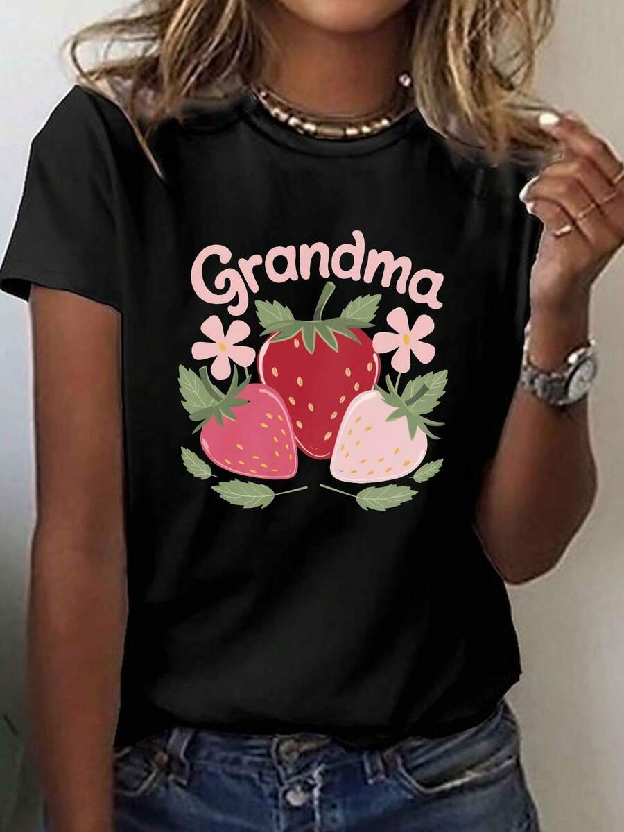 GRANDMA Strawberry And Flower Print Casual T-Shirt, Short Sleeve, Round Neck, Casual Top For Summer And Spring, Women's Clothing, 100% Cotton, Durable - 黑色 - 查看 1