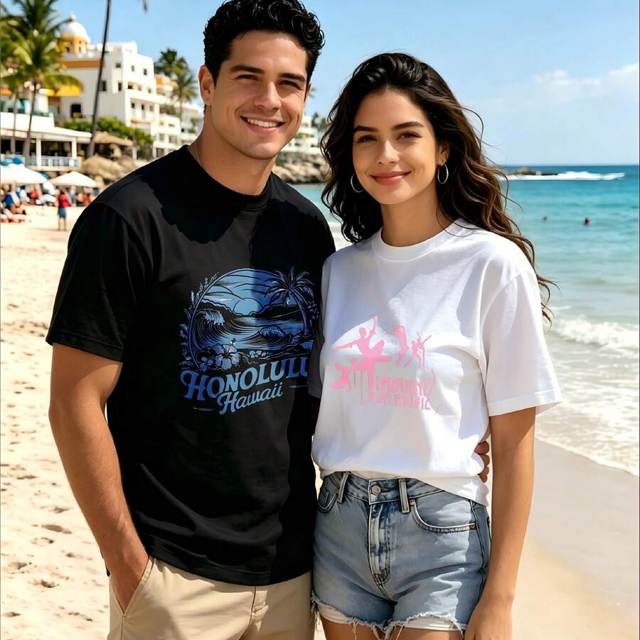 2-Piece Couple Matching Pattern T-Shirt, 100% Cotton, Loose Fit, Soft And Breathable, Casual Round Neck Short Sleeved Top Honolulu Hawaii Wave Palm Tree Moving In Music Dancer Silhouette Versatile Patterns No Picky Combinations Coordinated Dating Casual Travel Simple And Cartoonish Printing Styles - 黑色 - 查看 1