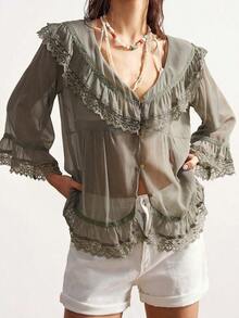 Blusa holgada de unicolor con cuello en V y dobladillo con volantes para mujer - Verde - Ver 3