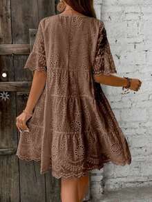 Vestido casual de cuello redondo bordado para mujer para fiestas y salidas - Marrón - Ver 2