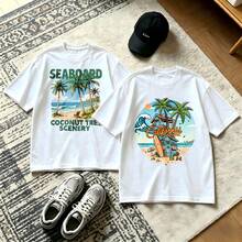 2-Piece Couple Matching Pattern T-Shirt, 100% Cotton, Loose Fit, Soft And Breathable, Casual Round Neck Short Sleeved Top Seaboard Coconut Tree Scenery Tropical Island Beach Scene Versatile Patterns No Picky Combinations Coordinated Dating Casual Travel Simple And Cartoonish Printing Styles High - 白色 - 查看 1