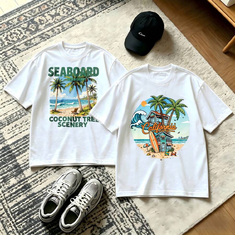 2-Piece Couple Matching Pattern T-Shirt, 100% Cotton, Loose Fit, Soft And Breathable, Casual Round Neck Short Sleeved Top Seaboard Coconut Tree Scenery Tropical Island Beach Scene Versatile Patterns No Picky Combinations Coordinated Dating Casual Travel Simple And Cartoonish Printing Styles High - 白色 - 查看 1