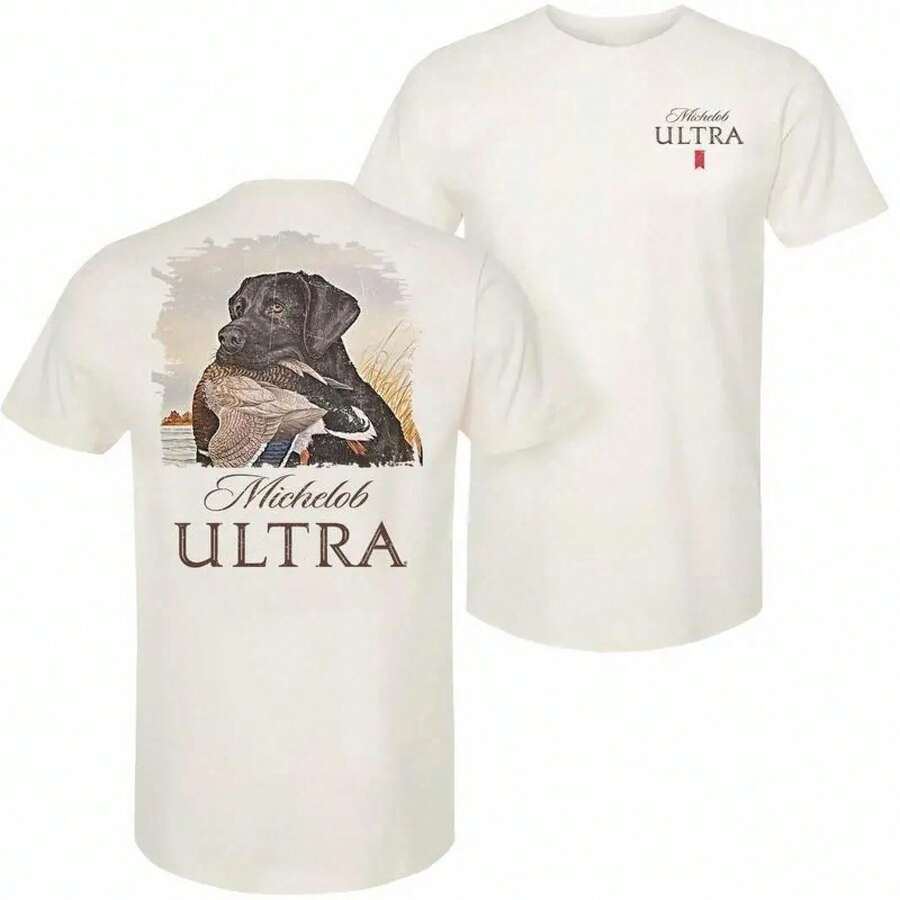 Camiseta Michelob Ultra – Mallard and Dog – Diseño de 2 caras – Prenda casual unisex versátil – Camiseta gráfica genial para hombres – Ropa masculina – Regalo para amantes de la cerveza y fans de Michelob Ultra – Cuello redondo, ropa clásica, tela de algodón suave – forro polar CIJP - Blanco - Ver 1