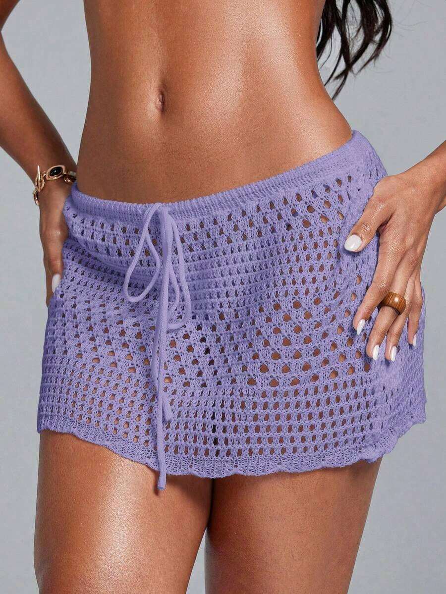 Swim Lushoire Falda pareo con dobladillo ondulado para la playa, con patrón geométrico perforado y floral - Púrpura malva - Ver 1
