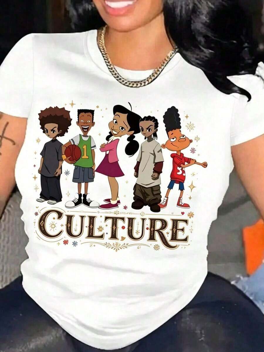 Camiseta Casual de Gran Tamaño para Mujer con Estampado Gráfico de Dibujos Animados - Manga Corta, Cuello Redondo, Lavable a Máquina, Top de Primavera/Verano, Camisetas para Mujer Y2K, Adecu - Blanco 1 - Ver 1