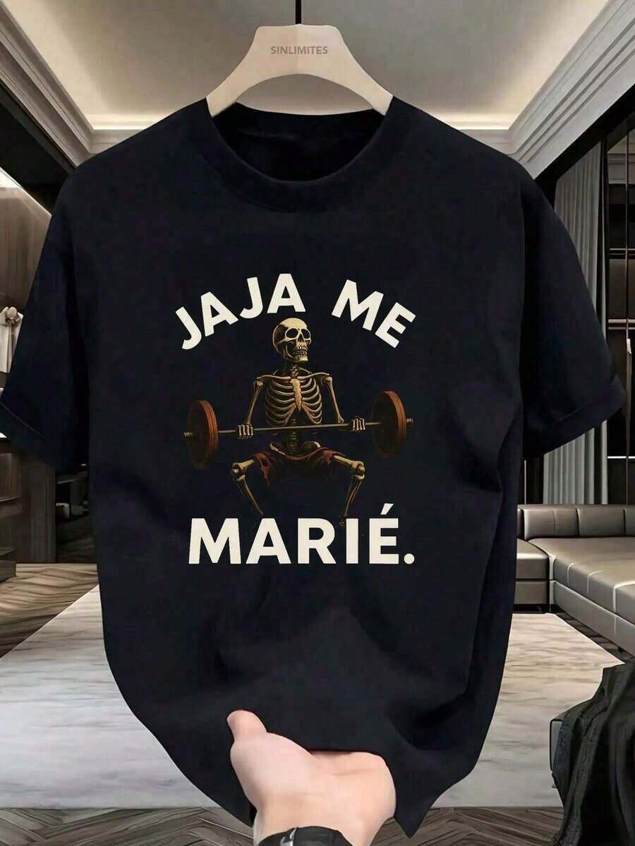 Free Shipping, Local Delivery In Mexico. Delivery In 4 Days. Funny Gym T-Shirt For Men - Black T-Shirt With Skeleton Graphic Lifting Weights And "Haha Yo Marie" Text - Durable Workout Gym Tee, Streetwear - Machine Washable Regular Fit Short Sleeve T-Shirt - Men's Fitness Clothing, Gym Tees, Casual Streetwear, Crew Neck, Bold Graphic Print - 1 - 查看 1