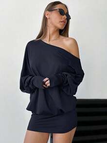 Vestido corto y ajustado de manga larga, asimétrico y sexy para mujer, para festivales de música y estilo streetwear moderno - Gris Oscuro - Ver 6