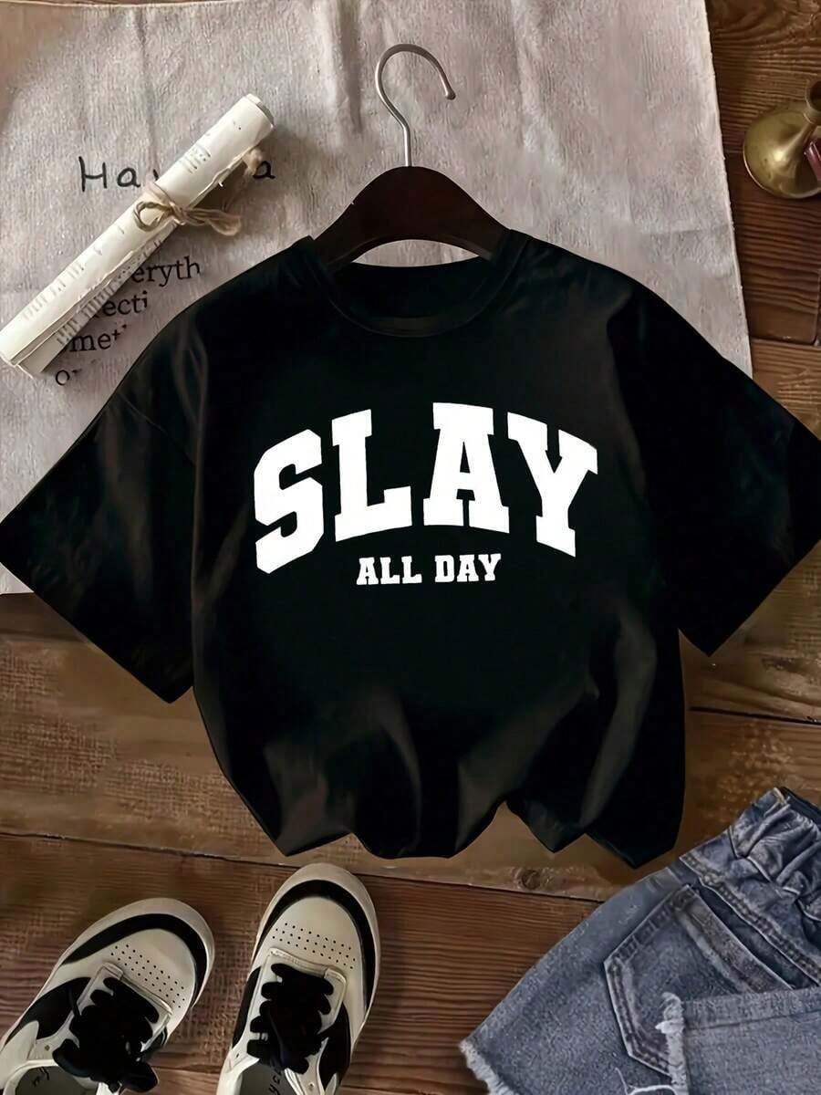 1 Men's And Women's Casual Fashion T-Shirt, Vintage Style, Short Sleeve, With "Shine All Day" Letter Print, Comfortable Polyester, Ideal For Daily And Outdoor Wear, Comfortable Fit. Versatile, Easy To Match, Suitable For Daily Wear, Urban Style, Vacation Wear, Weekend Wear. - 黑色 - 查看 1