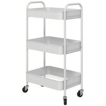 Serving Trolley, 3-Shelf Wheeled Trolley, Kitchen Trolley, Storage Trolley For Kitchen And Living Room, Made Of White Steel.