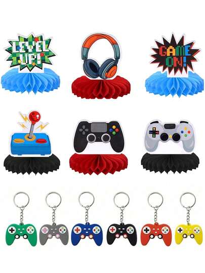 Bộ trang trí tiệc game gồm 1 món: 6 phụ kiện trang trí bàn hình tổ ong + 6 móc khóa hình tay cầm chơi game, lý tưởng cho tiệc mừng em bé chào đời, tiệc sinh nhật chủ đề game cho bé trai, trang trí đêm chơi game, món quà hoàn hảo cho bạn bè.