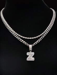 Bộ 2 món: 1 mặt dây chuyền chữ cái đính đá Cubic Zirconia & 2 dây chuyền thép không gỉ, 26 chữ cái tiếng Anh, Dây chuyền mặt dây chuyền phong cách hip hop cổ điển dành cho nữ, Thích hợp đeo hàng ngày hoặc dự tiệc, Quà tặng ngày Valentine - Bạc - Xem 36