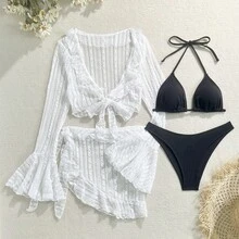 New Sexy Four-Piece Lace And Mesh Bikini. - White - View 1