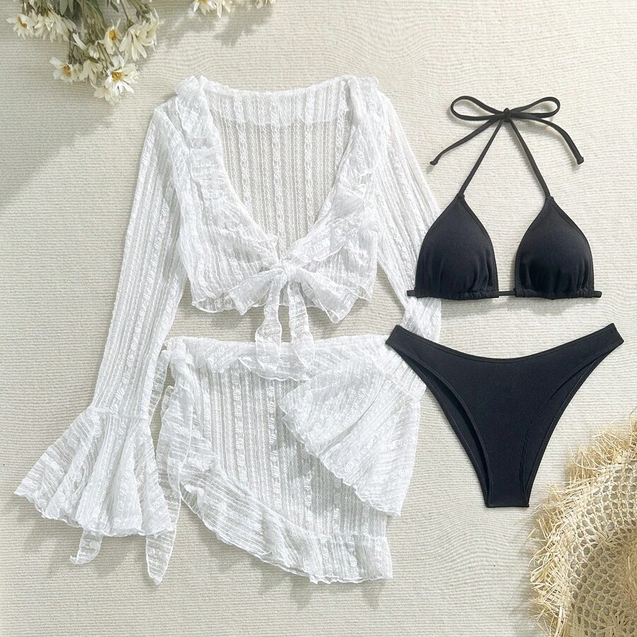 New Sexy Four-Piece Lace And Mesh Bikini. - White - View 1