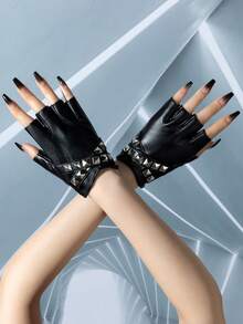 1 Pair New Rivet Design Spring/Autumn Sheepskin Half-Finger Leather Gloves Outdoor Cycling Leather Gloves Solid Color - Multicolor - View 5
