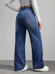 Jeans de mezclilla de unicolor minimalista para uso diario de mujer - Azul lavado oscuro 2 - Ver 2