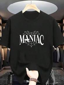 New Summer Collection MANIAC Men's Classic Letter Print T-Shirt, Casual, Elegant, Short Sleeve, Elastic, Crew Neck, Comfortable And Breathable. Loose, Casual And Versatile T-Shirt. - 黑色 - 查看 1