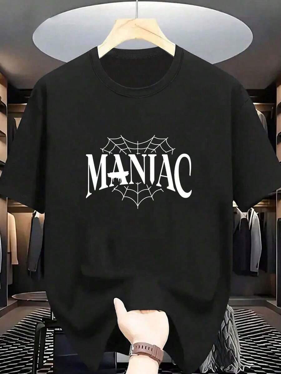 New Summer Collection MANIAC Men's Classic Letter Print T-Shirt, Casual, Elegant, Short Sleeve, Elastic, Crew Neck, Comfortable And Breathable. Loose, Casual And Versatile T-Shirt. - 黑色 - 查看 1