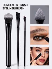 Bộ 3 cọ kẻ mắt góc cạnh + cọ che khuyết điểm, che phủ chính xác vùng bọng mắt và quầng thâm, cọ che khuyết điểm dẹt chi tiết, bộ cọ trang điểm đa năng dành cho người mới bắt đầu. - màu đen - Xem 9