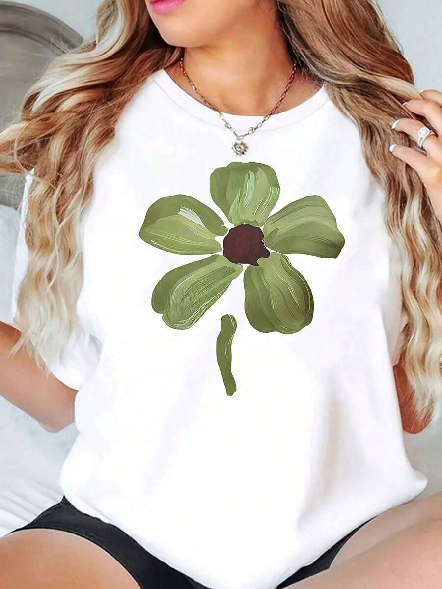 New Women's Summer Casual T-Shirt, Plus Size, Loose Fit - White And Green Geometric Floral Print, Short Sleeve, Round Neck, Machine Washable For Daily Wear And Leisure Activities, Comfortable Fabric (220g) - Unisex Cotton T-Shirt, Short Sleeve, Round Neck, Urban Vintage Style - 白色 - 查看 1