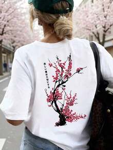 Women's Loose-Fitting Japanese-Style Cherry Blossom Print T-Shirt, 100% Cotton, Breathable, Round Neck, Short Sleeve, Y2K Streetwear, Suitable For Spring Outings, Urban Walks And Casual Daily Wear, Summer Pink Color. - 白色 - 查看 1