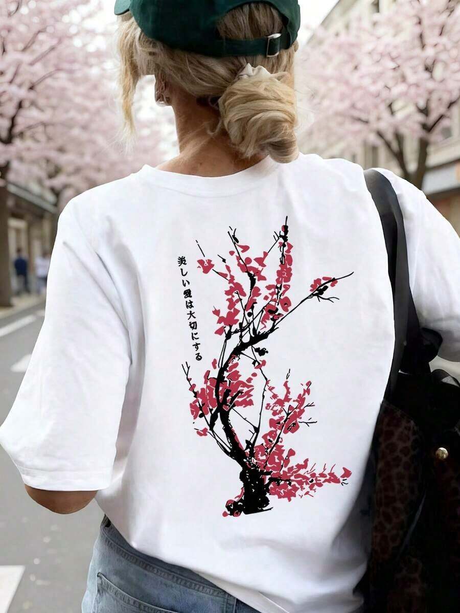 Women's Loose-Fitting Japanese-Style Cherry Blossom Print T-Shirt, 100% Cotton, Breathable, Round Neck, Short Sleeve, Y2K Streetwear, Suitable For Spring Outings, Urban Walks And Casual Daily Wear, Summer Pink Color. - 白色 - 查看 1