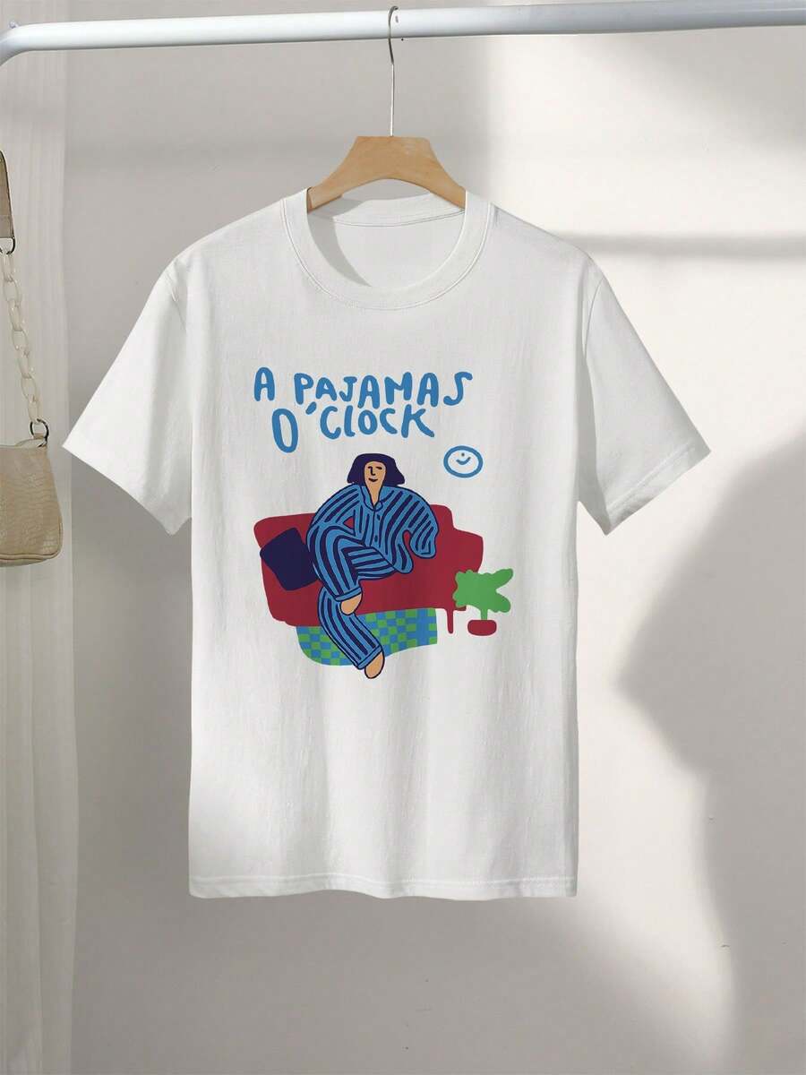 Graphic Print T-Shirt, Short Sleeves And Round Neck, Casual Top For Summer And Spring, Women's Clothing - 白色 - 查看 1
