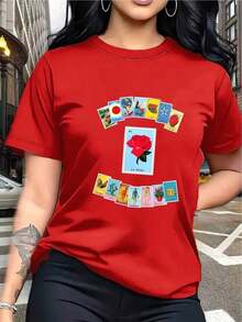 Women's Short-Sleeved Printed T-Shirt, 100% Pure Cotton, Crew Neck, Simple, Fashionable, Easy To Match, Loose Fit, Vacation T-Shirt, Suitable For All Seasons - Ideal For Summer - Vintage Street Style Unisex Cotton Short Sleeve Crew Neck T-Shirt - 紅色的 - 查看 1